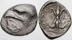 GRIECHISCHE MÜNZEN (GREEK COINS) -Elis -Olympia 405. Stater 404 v. Chr. Adlerkopf, darunter Efeublatt / Geflügeltes Blitzbündel in Kranz. Seltman 155; Slg. BCD (=Auktion Leu 90, 2004), - (vgl. 78). 11