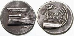 GRIECHISCHE MÜNZEN (GREEK COINS) -Lykien -Phaselis 557. Stater 246/221 v. Chr., Magistrat Eukleas. Mit Blitzbündel geschmückte Prora, im Feld Garnele / Schiffsheck mit Aphlaston, im Feld fliegender Vo