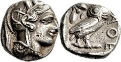 Attika Athen Tetradrachme 454/405 v. Chr. Kopf der Athena / Eule, dahinter Olivenzweig und Mondsichel. HGC 1597 17.04 g.; Feine Tönung Sehr schön Korrosionsspuren im Revers
