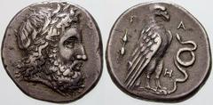 GRIECHISCHE MÜNZEN (GREEK COINS) -Elis -Olympia 152. Stater 332 v. Chr. Kopf des Zeus / Adler zwischen Blitzbündel und Schlange. Seltman 204e (dies Exemplar); Slg. BCD (=Auktion Leu 90, 2004), 161. 12