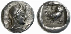GRIECHISCHE MÜNZEN (GREEK COINS) -Attika -Athen 220. Tetradrachme um 515 v. Chr. Kopf der Athena, dahinter 2 Schlangen / Eule in Quadratum incusum, im Feld Olivenzweig. Svoronos, Tf. 7, 7; Seltman, At