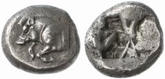 GRIECHISCHE MÜNZEN (GREEK COINS) -Lykien -Lykien 312. Unbestimmter Dynast (Kybernis?). Stater 500/480 v. Chr., unbestimmte Münzstätte. Eberprotome, auf der Schulter griechische Legende KV / Unregelmäs