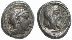 GRIECHISCHE MÜNZEN (GREEK COINS) -Lykien -Lykien 314. Dynast Kherei. Stater 440/410 v. Chr., Pinara. Kopf der Athena / Kopf mit persischer Kyrbasia in rundem Incusum. Vismara - (vgl. 173 - Drachme); S