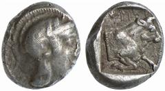 GRIECHISCHE MÜNZEN (GREEK COINS) -Lykien -Lykien 315. Dynast Kherei. Tetrobol 440/410 v. Chr., unbestimmte Münzstätte (Xanthos?). Kopf der Athena / Stierprotome in Quadratum incusum. Slg. Reuter (Aukt