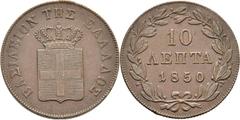 AUSLAND Griechenland Königreich Otto von Bayern, 1832-1862 Cu-10 Lepta 1850, Athen. Divo 20 e; K./M. 29. Sehr schön/Vorzüglich