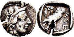 GRIECHISCHE MÜNZEN Attika Athen Tetradrachme 454/405 v. Chr. Kopf der Athena / Eule (Steinkauz), dahinter Olivenzweig und Mondsichel. Svoronos, Tf. 10 ff; HGC 1597; Starr, Tf. 22; SNG Cop. 46 ff.. 17.