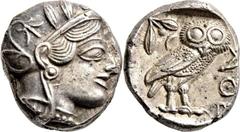 GRIECHISCHE MÜNZEN Attika Athen Tetradrachme 454/404 v. Chr. Kopf der Athena / Eule (Steinkauz), dahinter Olivenzweig und Mondsichel. Svoronos, Tf. 10 ff; HGC 1597; Starr, Tf. 22; SNG Cop. 46 ff.. 17.