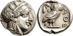 GRIECHISCHE MÜNZEN Attika Athen Tetradrachme 454/404 v. Chr. Kopf der Athena / Eule (Steinkauz), dahinter Olivenzweig und Mondsichel. Svoronos, Tf. 10 ff; HGC 1597; Starr, Tf. 22; SNG Cop. 46 ff.. 17.