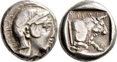 GRIECHISCHE MÜNZEN Lykien Dynast Kherei Stater 430/410 v. Chr., unbest. Mzst. (Xanthos?) Kopf der Athena mit attischem Helm / Geflügelte menschenköpfige Stierprotome in Quadratum incusum. Müseler VI, 