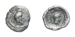 GRIECHISCHE MÜNZEN (GREEK COINS) ->Lykien ->Lykien 244. Dynast Ddenevele. Hemiobol 400/390 v. Chr., unbestimmte Münzstätte. Kopf des Dynasten mit Kyrbasia / Kopf der Athena in rundem Incusum. Winzer 2