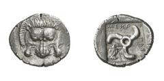 GRIECHISCHE MÜNZEN (GREEK COINS) ->Lykien ->Lykien 245. Dynast Mithrapata.. Stater 390/370 v. Chr., Patara (?). Löwenmaske von vorn / Triskeles in Quadratum incusum, im Feld Hermesbüste von vorn und K