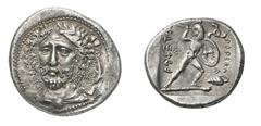 GRIECHISCHE MÜNZEN (GREEK COINS) ->Lykien ->Lykien 246. Dynast Perikle. Stater 380/360 v. Chr., Antiphellos. Kopf des Dynasten mit Lorbeerkranz von vorn, im Feld Delphin / Nackter Hoplit mit korinthis