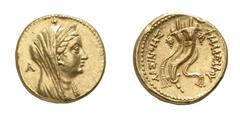 GRIECHISCHE MÜNZEN (GREEK COINS) ->Reich der Ptolemaier ->Reich der Ptolemaier 470. Ptolemaios IV. Philopator, 221-205 v. Chr., für Arsinoe II.. Goldoktodrachme 211 v. Chr., Alexandria. Verschleierte 