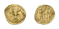 RÖMISCHE MÜNZEN (ROMAN COINS) ->Kaiserliche Prägungen ->Kaiserliche Prägungen 878. Anthemius, 467-472. Solidus, Ravenna. Büste mit Helm, Lanze und Schild von vorn / Anthemius und Leo I. mit Globen und