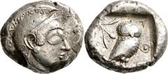 GRIECHISCHE MÜNZEN Attika Athen Tetradrachme 500/480 v. Chr. Kopf der Athena / Eule (Steinkauz), dahinter Olivenzweig. HGC 1590; Seltman, Athens, Gruppe M. 17.26 g.; Feine Tönung - Dicker Schrötling S