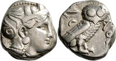 GRIECHISCHE MÜNZEN Attika Athen Tetradrachme 286/267 v. Chr. Kopf der Athena / Eule (Steinkauz), dahinter Olivenzweig und Mondsichel. Svoronos, Tf. 20; SNG Cop. 64; HGC 1600. 16.94 g.; Selten Sehr sch