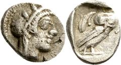 GRIECHISCHE MÜNZEN Attika Athen Hemiobol 448/415 v. Chr. Kopf der Athena / Eule (Steinkauz). Svoronos, Tf. 17, 49-52; HGC 1679-1681. 0.34 g.; Selten Sehr schön Erworben 2014 bei Münzhandlung Ritter.