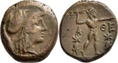 GRIECHISCHE MÜNZEN Attika Athen Bronze 87/86 v. Chr. Kopf der Athena mit korinthischem Helm / Blitzschleudernder Zeus, links und rechts je ein Pilos. HGC 1708; Kroll 94. 8.45 g.; Braune Patina Sehr sc