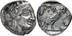 GRIECHISCHE MÜNZEN Attika Athen Tetradrachme 454/404 v. Chr. Kopf der Athena / Eule (Steinkauz) in Dreiviertelansicht, dahinter Olivenzweig und Halbmond. Svoronos, Tf. 12; HGC 1597; Starr, Tf. 22. 17.