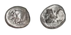 GRIECHISCHE MÜNZEN (GREEK COINS) ->Lykien ->Lykien 186. Unbestimmter Dynast. Stater 500/480 v. Chr., unbestimmte Münzstätte. Eberprotome, auf der Schulter griechische Legende KV / Unregelmässiges Incu