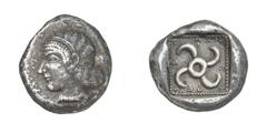 GRIECHISCHE MÜNZEN (GREEK COINS) ->Lykien ->Lykien 189. Dynast Teththiveibi. Stater 440/430 v. Chr., Phellos (?). Kopf der Aphrodite / Tetraskeles in Quadratum incusum. SNG v. Aulock 4161 var.; Slg. R