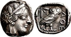 GRIECHISCHE MÜNZEN Attika Athen Tetradrachme 454/404 v. Chr. Kopf der Athena / Eule (Steinkauz), dahinter Olivenzweig und Halbmond. Starr Tf. 22; HGC 1597; Svoronos Tf. 12. 17.15 g.; Feine Tönung Gute