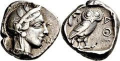GRIECHISCHE MÜNZEN Attika Athen Tetradrachme 454/404 v. Chr. Kopf der Athena / Eule (Steinkauz), dahinter Olivenzweig und Mondsichel. Svoronos, Tf. 10 ff; HGC 1597; Starr, Tf. 22; SNG Cop. 46 ff.. 17.