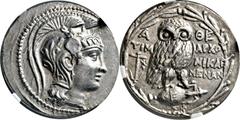 GRIECHISCHE MÜNZEN Attika Athen Tetradrachme "neuen Stils" 134/133 v. Chr., Magistratsjahr des Timarchos, Nikag(oras), und Menandros. Kopf der Athena / Eule (Steinkauz) auf Amphora, Beiz. Asklepios, i