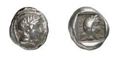 GRIECHISCHE MÜNZEN (GREEK COINS) ->Lykien ->Lykien 4365. Dynast Kherei. Stater 440/410 v. Chr., Xanthos. Kopf der Athena / Kopf des Dynasten mit persischer Kyrbasia in Quadratum incusum. Vismara 169; 