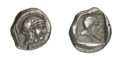 GRIECHISCHE MÜNZEN (GREEK COINS) ->Lykien ->Lykien 4366. Dynast Kherei. Stater 440/410 v. Chr., Pinara. Kopf der Athena / Kopf des Dynasten mit persischer Kyrbasia in Quadratum incusum. SNG Cop. Suppl