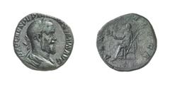 RÖMISCHE MÜNZEN (ROMAN COINS) ->Kaiserliche Prägungen ->Kaiserliche Prägungen 4584. Pupienus, 238.. Sesterz. Büste / Pax mit Zweig ung Zepter auf Thron. RIC 22b; C. 24. 15.93 g. Grünrote Patina, Selte