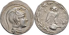 GRIECHISCHE MÜNZEN Attika Athen Tetradrachme "neuen Stils" 142/141 v. Chr., Magistrate Deme(...) und Hiero(...). Kopf der Athena / Eule (Steinkauz) auf Amphora, Beiz. Adler auf Monogramm (?), im Feld 