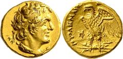 GRIECHISCHE MÜNZEN Reich der Ptolemaier Ptolemaios I. Soter, König 305-283 v. Chr. Goldtriobol (Tetarte) nach 294 v. Chr., Alexandria. Büste des Ptolemaios I. mit Ägis / Adler auf Blitzbündel, links M
