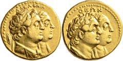 GRIECHISCHE MÜNZEN Reich der Ptolemaier Ptolemaios II. Philadelphos, 285-246 v. Chr. Goldtetradrachme 272/261 v. Chr., Alexandria, zur Erinnerung an seine Vorfahren. Büsten des Ptolemaios I. Soter und