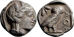 GRIECHISCHE MÜNZEN Attika Athen Tetradrachme 454/404 v. Chr. Kopf der Athena / Eule (Steinkauz), dahinter Olivenzweig und Mondsichel. Svoronos, Tf. 10 ff; HGC 1597; Starr, Tf. 22; SNG Cop. 46 ff.. 16.