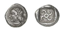 GRIECHISCHE MÜNZEN Lykien Lykien 258. Dynast Teththiveibi. Stater 440/430 v. Chr., Phellos (?). Kopf der Aphrodite / Tetraskeles in Quadratum incusum. SNG v. Aulock 4161 var.; Slg. Reuter (Aukt. PN 36