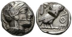 GRIECHISCHE MÜNZEN Attika Athen Tetradrachme 454/404 v. Chr. Kopf der Athena / Eule (Steinkauz), dahinter Olivenzweig und Mondsichel. Svoronos, Tf. 10 ff; HGC 1597; Starr, Tf. 22; SNG Cop. 46 ff.. 16.