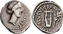 RÖMISCHE MÜNZEN Imperatorische Prägungen M. Iunius Brutus Denar 43/42 v. Chr., Heeresmzst. der Republikaner in Kleinasien (Lykien). Kopf der Libertas / Plectrum, Lyra und Lorbeerkranz. Cr. 501, 1; Syd