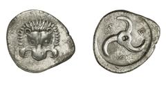 GRIECHISCHE MÜNZEN Lykien Lykien Dynast Trbbênimi Stater um 380 v. Chr., Limyra. Löwenmaske von vorn / Triskeles in rundem Incusum. SNG v. Aulock 4224; Olcay/Moerkholm in NC 1971 350 var. 9.66 g. Selt