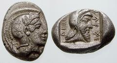 GRIECHISCHE MÜNZEN LYKIEN Dynast Kherei. No: 219 Schätzpreis/Estimation DM 3000.- Drachme 440/410 v. Chr., Xanthos. Kopf der Athena / Kopf des Dynasten mit persischer Kyrbasia in Quadratum incusum. Vi