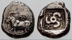 GRIECHISCHE MÜNZEN LYKIEN LIMYRA. No: 227 Schätzpreis/Estimation DM 3000.- Stater um 480 v. Chr. Ziege, im Feld ungedeutetes Symbol / Triskeles in Quadratum incusum, im Feld ungedeutetes Symbol. Visma