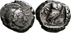 GRIECHISCHE MÜNZEN Attika Athen Tetradrachme 500/480 v. Chr. Kopf der Athena / Eule (Steinkauz) und Olivenzweig in Quadratum incusum. Seltman, Athens, Gruppe C; HGC 1590. 16.86 g.; Feine Tönung Selten