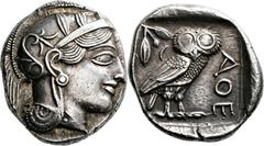 GRIECHISCHE MÜNZEN Attika Athen Tetradrachme 454/404 v. Chr. Kopf der Athena / Eule (Steinkauz), dahinter Olivenzweig und Mondsichel. Kampmann-Rutten 9 (Datierung 430er-420er v.); Kroll 8; HGC 1597. 1