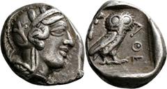 GRIECHISCHE MÜNZEN Attika Athen Drachme 454/404 v. Chr. Kopf der Athena / Eule (Steinkauz), dahinter Olivenzweig. HGC 1631; Starr, Tf. XV, 154. 4.26 g.; Feine Tönung Gutes Sehr schön.