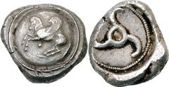 Lykien Stater. Unbestimmter Dynast (Khinakha?) 460/440 v. Chr., unbestimmte Münzstätte. 9.95 g. Pegasos auf Rundschild, im Feld Perle / Triskeles in rundem Incusum. SNG v. Aulock 4089. Sehr schön