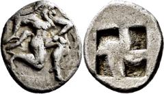 GRIECHISCHE MÜNZEN Thrakien Insel Thasos Trihemiobol 510/480 v. Chr. Satyr im Knielauf / Quadratum incusum mit 4 Feldern. HGC -, vgl. 333 (Diobol); Le Rider, Thasienne, vgl. Tf. 1,4 (Diobol); Picard i