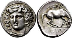 GRIECHISCHE MÜNZEN Thessalien Larissa Drachme 356/320 v. Chr. Kopf der Nymphe Larissa mit breitem Haarband und Ohrgehänge von vorn, mit leichter Drehung nach links; Perlkreis. Rev. Grasendes Pferd auf