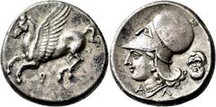 GRIECHISCHE MÜNZEN Isthmos Korinth Stater 345/307 v. Chr., Serie A-L. Pegasos nach links. Rev. Kopf der Athene mit geperlter Halskette, korinthischem Helm und Nackenschutz nach links, rechts im Feld B