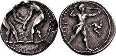 GRIECHISCHE MÜNZEN Pamphylien Aspendos Stater 380/330 v. Chr. Zwei Ringer nackt, gebeugt einander gegenüberstehend, der linke den rechts stehenden an Handgelenk und Unterarm fassend; zwischen ihnen P 