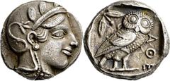 GRIECHISCHE MÜNZEN Attika Athen Tetradrachme 454/404 v. Chr. Kopf der Athena / Eule (Steinkauz), dahinter Olivenzweig und Mondsichel. 2h. Kampmann-Rutten 9 (Datierung 430er-420er v.); Kroll 8; HGC 159